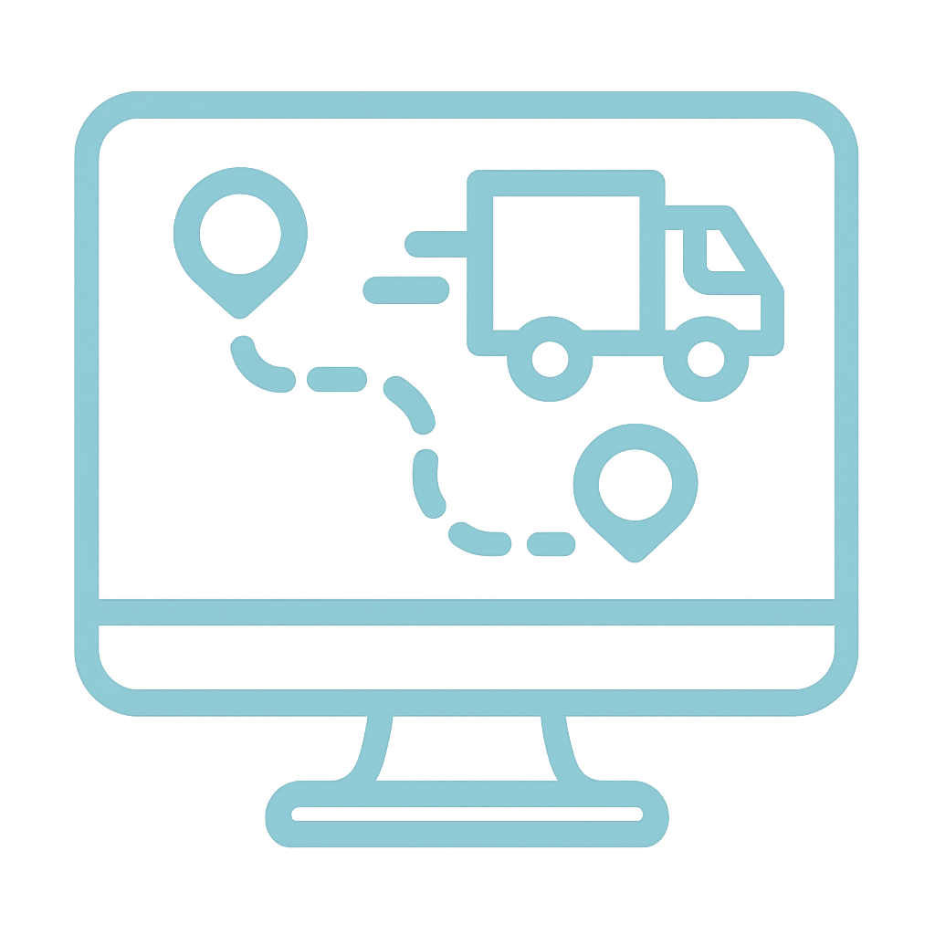 Icon showing a desktop screen with a transparent route showing a truck Icon colour will be a light cyan blue-1